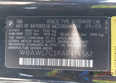 2010 BMW 335I z USA, uszkodzony, nr VIN WBAWL7C59AP474567